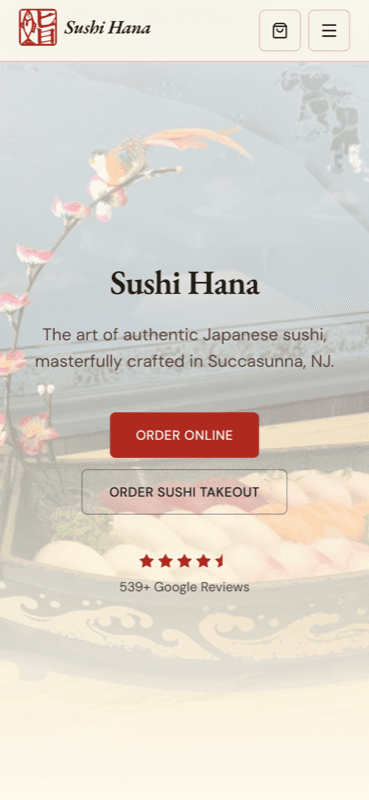 Sushi Hana website shown on a phone